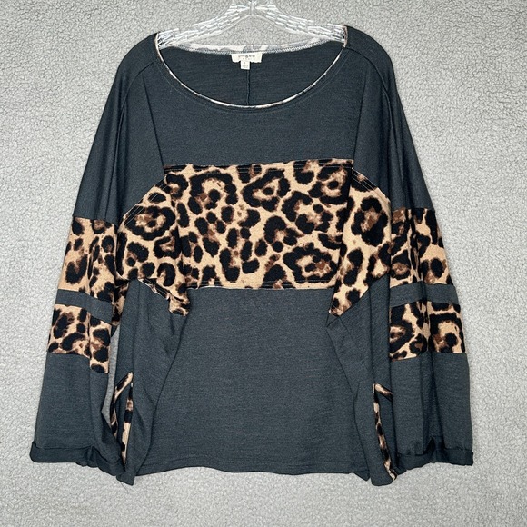 Umgee Tops - Umgee‎ USA Slouchy Tunic Top Size Large Leopard Print Colorblock Gray Oversized